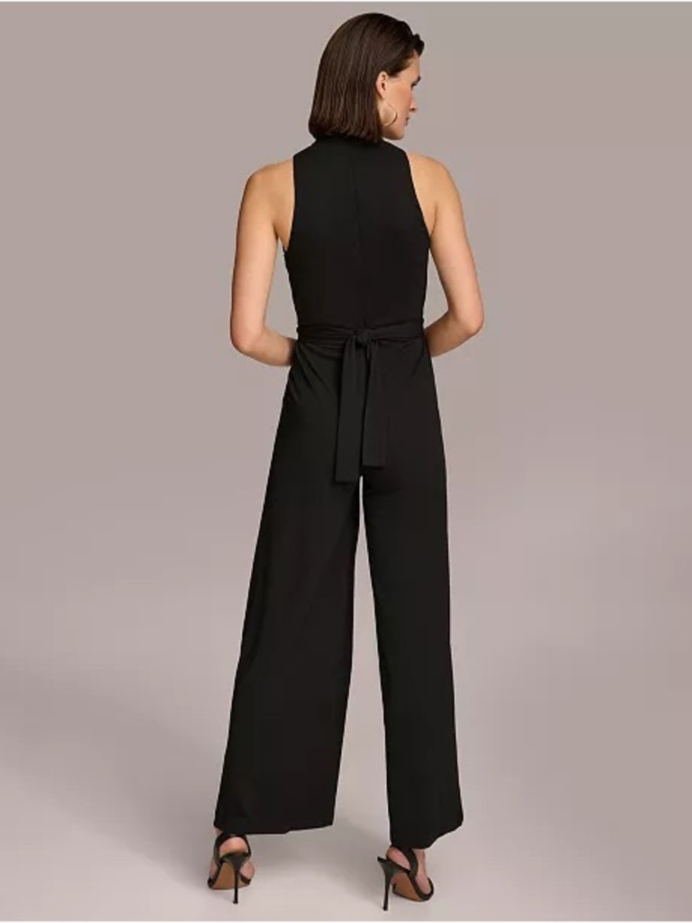 Donna Karan Black Sleeveless Draped Jumpsuit with Gold Logo Detail - Picture 2 of 9